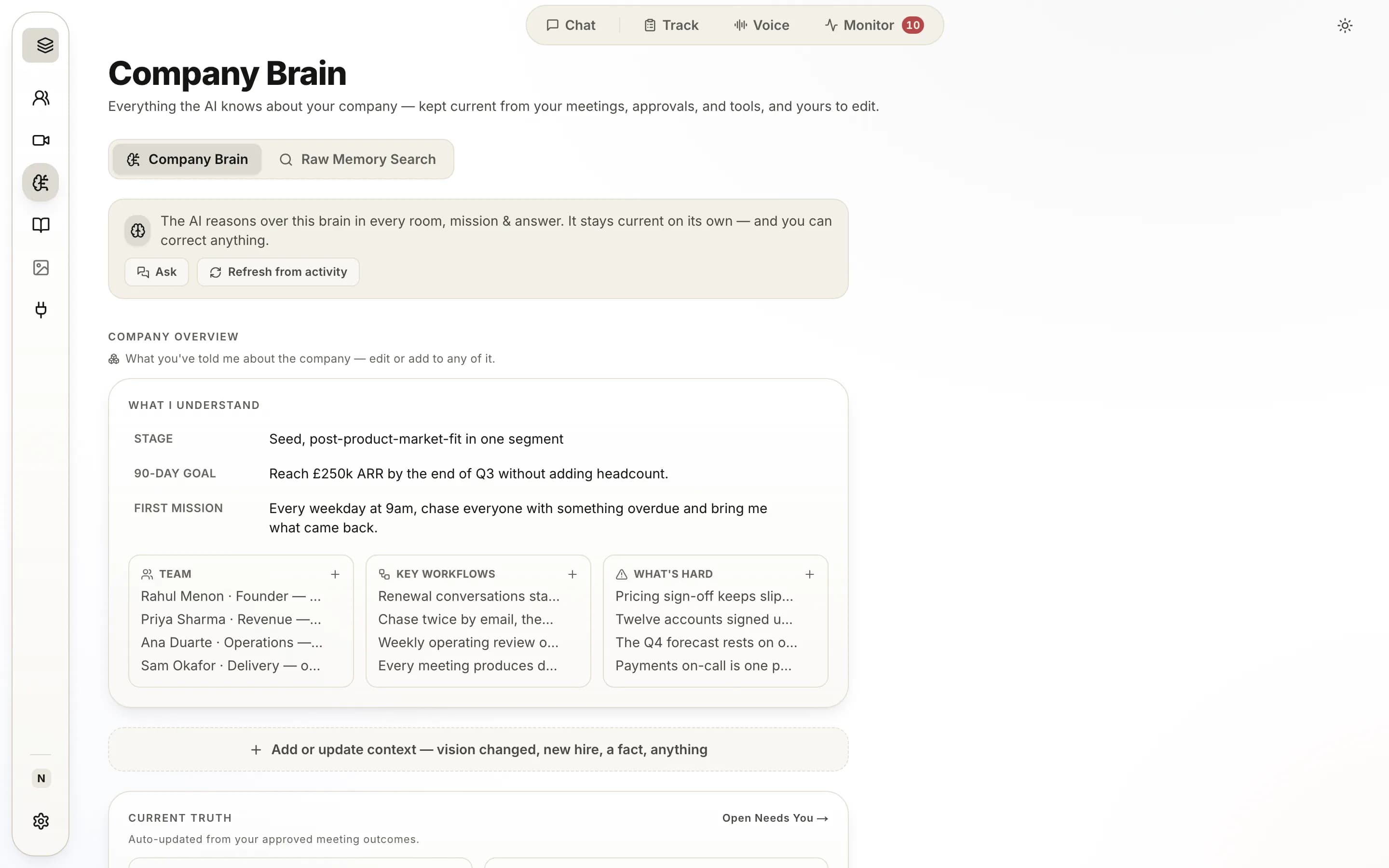 The company brain screen: what it understands about the company — stage, the 90-day goal, who owns what, and the truth it keeps current from approved outcomes