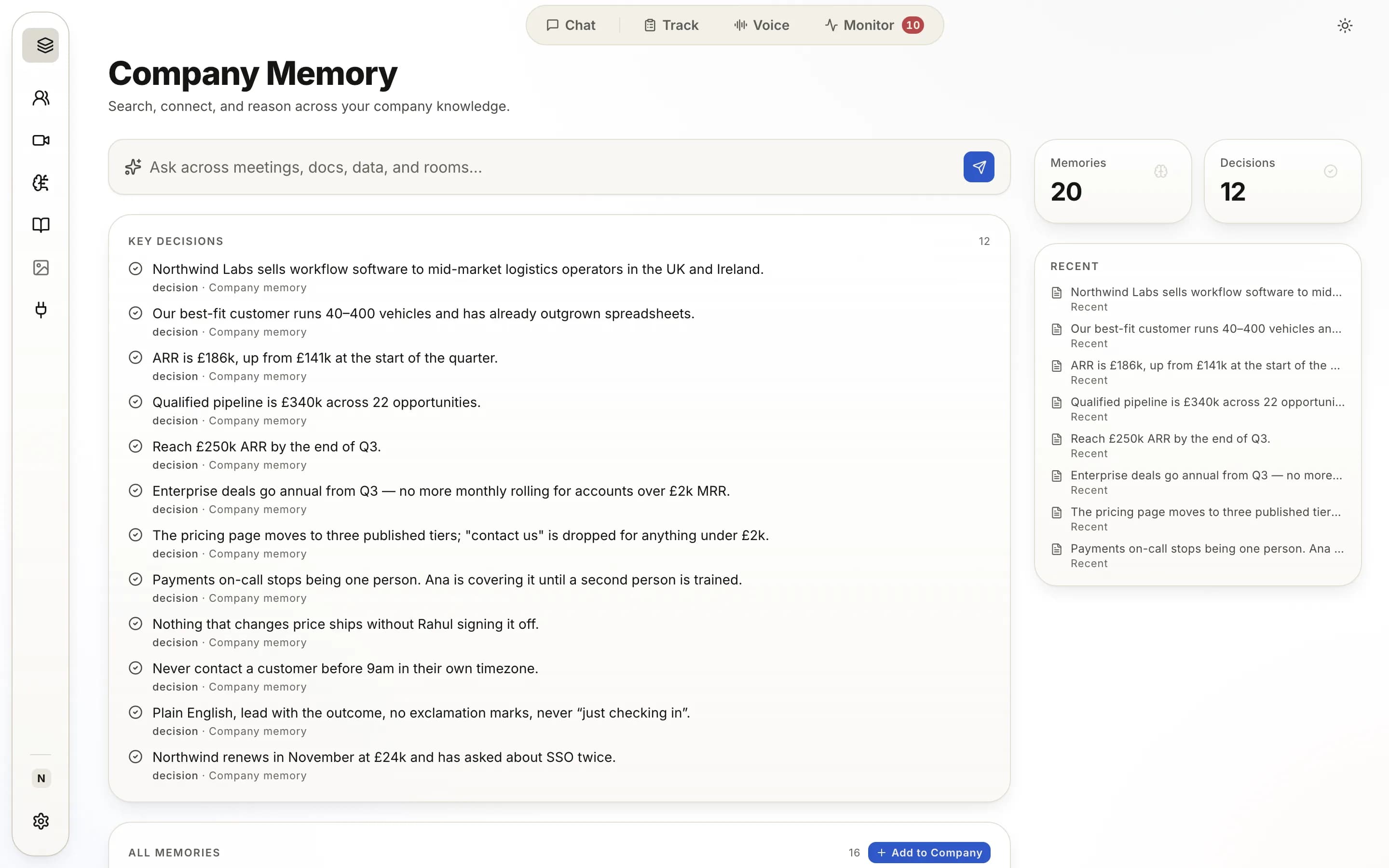 The company memory screen: current facts, goals and decisions the company has recorded