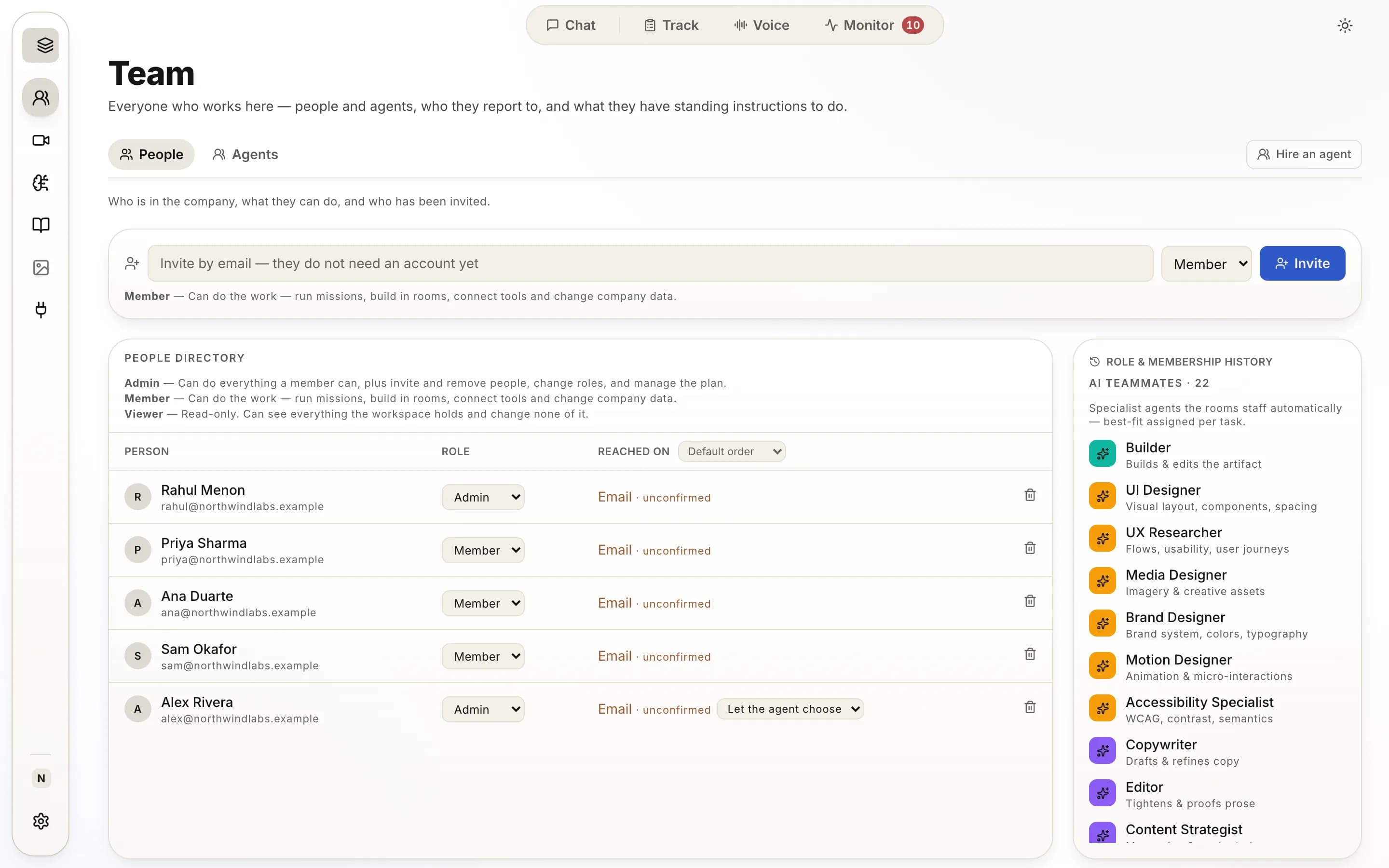 The people screen: team members with their roles and contact channels