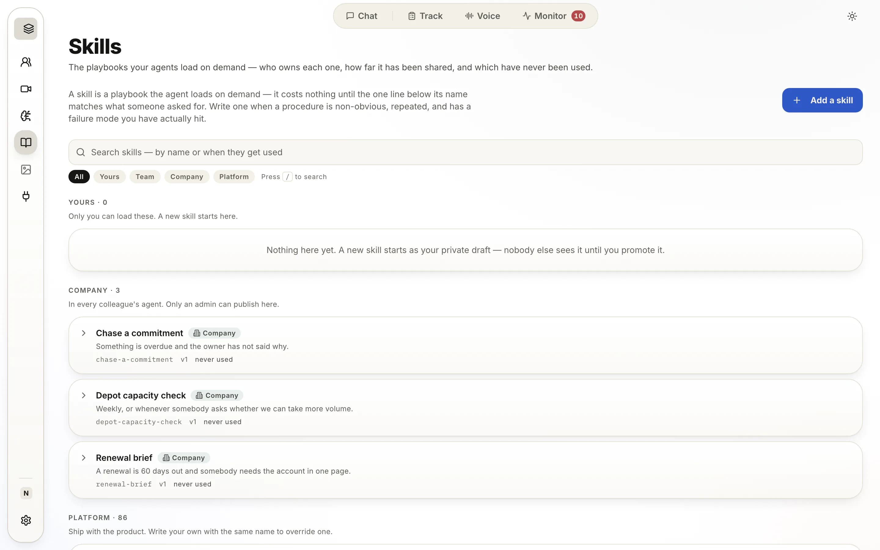 The skills screen: the playbooks available to the agent