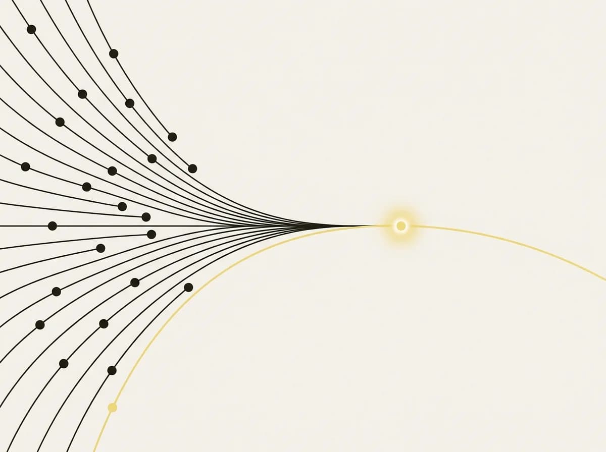 Illustration: scattered marks gathered onto a single unbroken arc