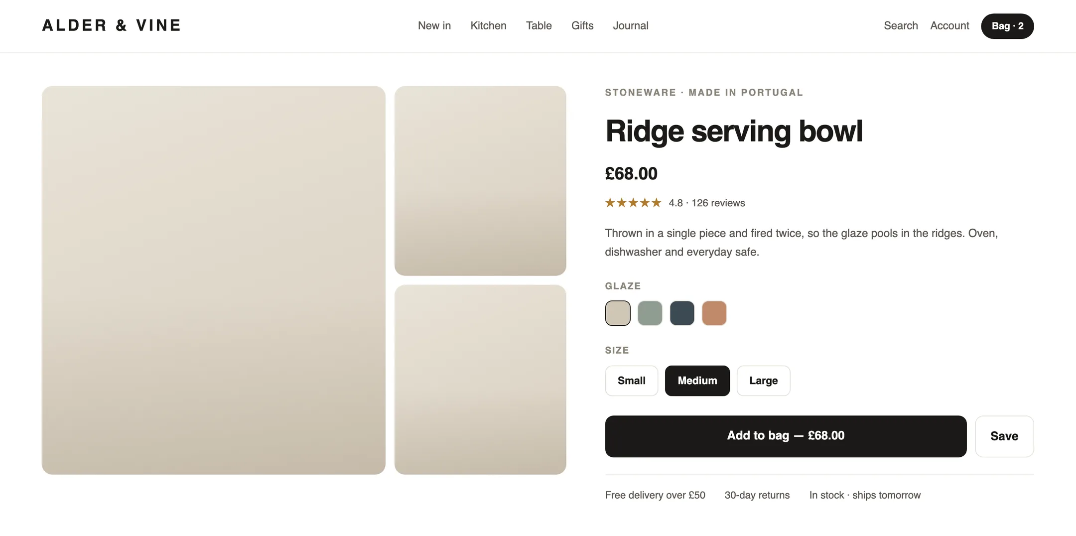 An e-commerce product page built with Build: gallery, price, options and an add-to-bag button
