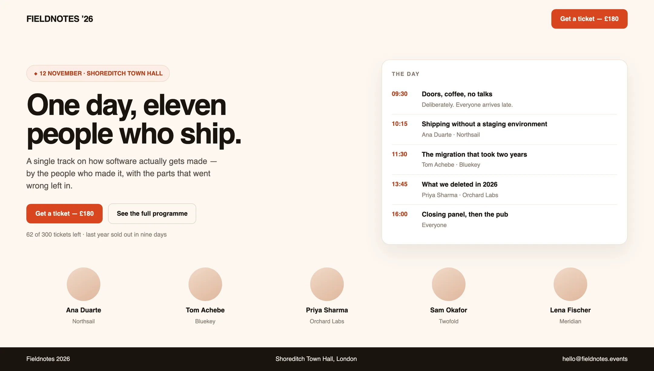 A conference landing page: the date, a headline, the day's agenda as a card, and five speaker portraits