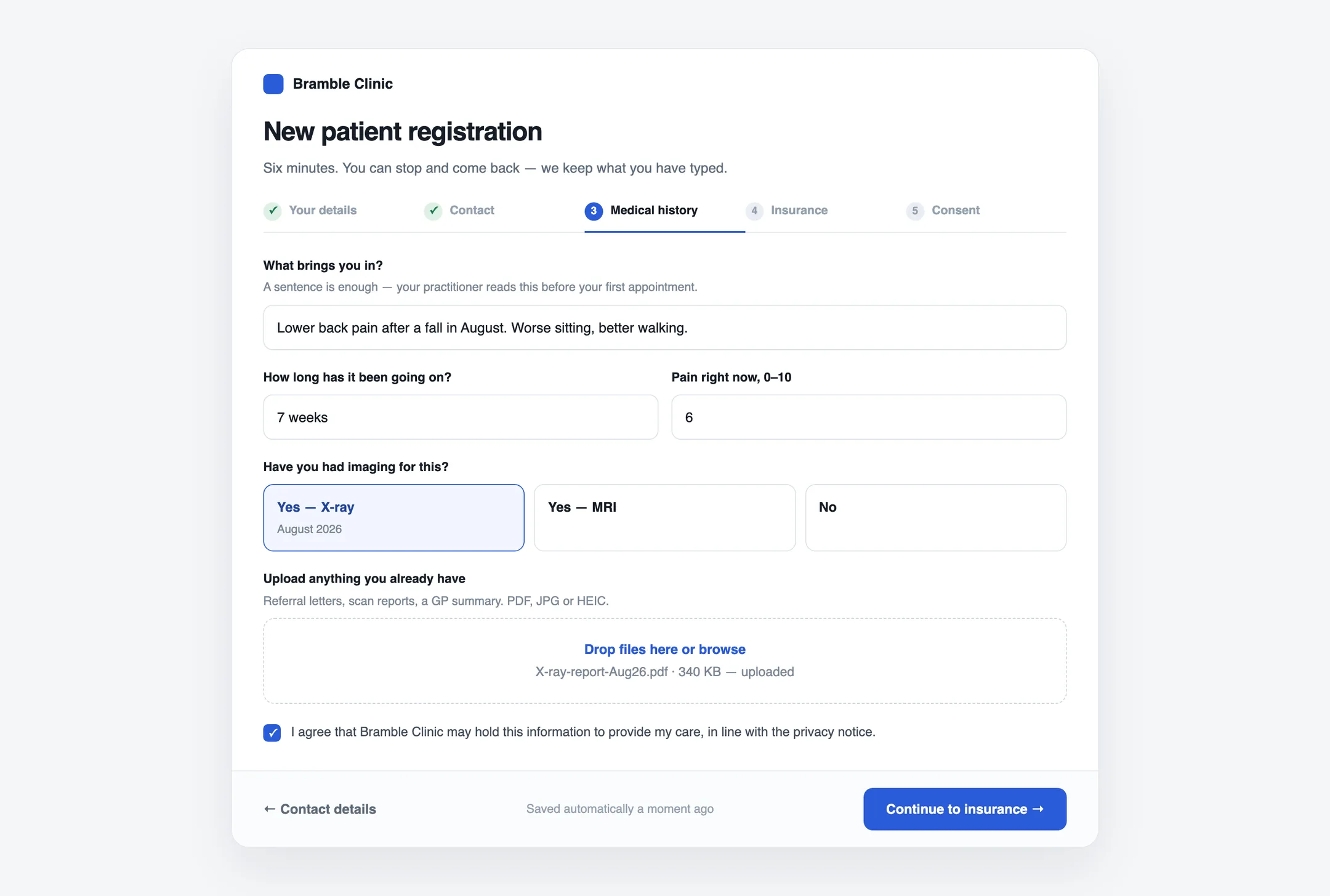 A multi-step patient registration form: progress steps, free-text and option fields, a file upload and a consent checkbox