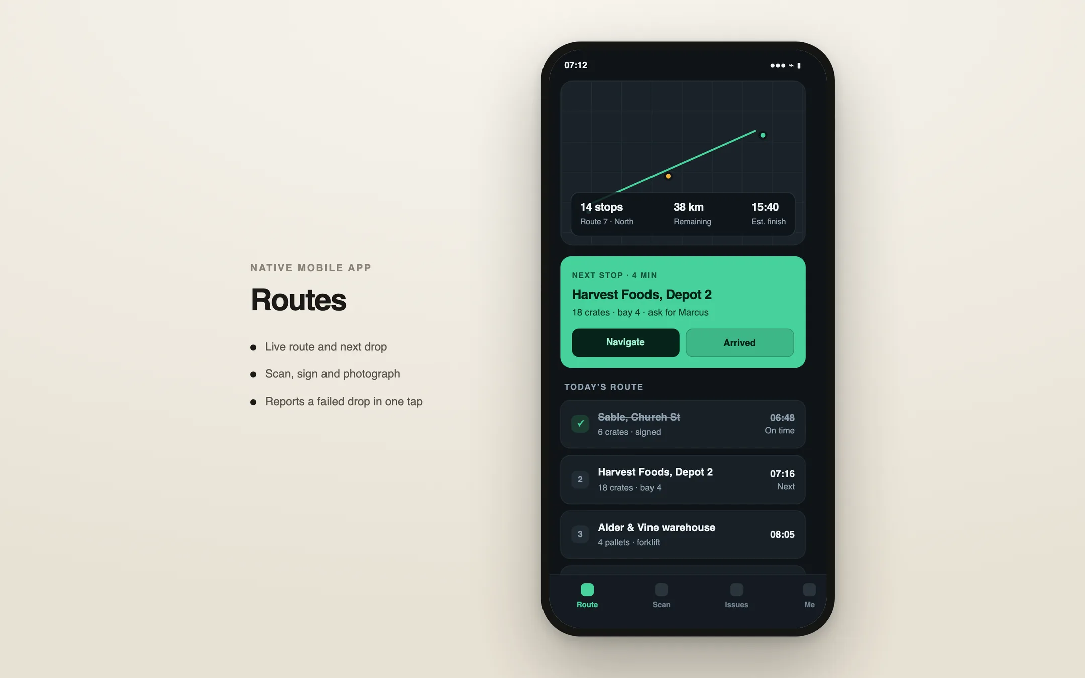 A delivery driver app built with Build, shown on a phone: today's route and the next drop