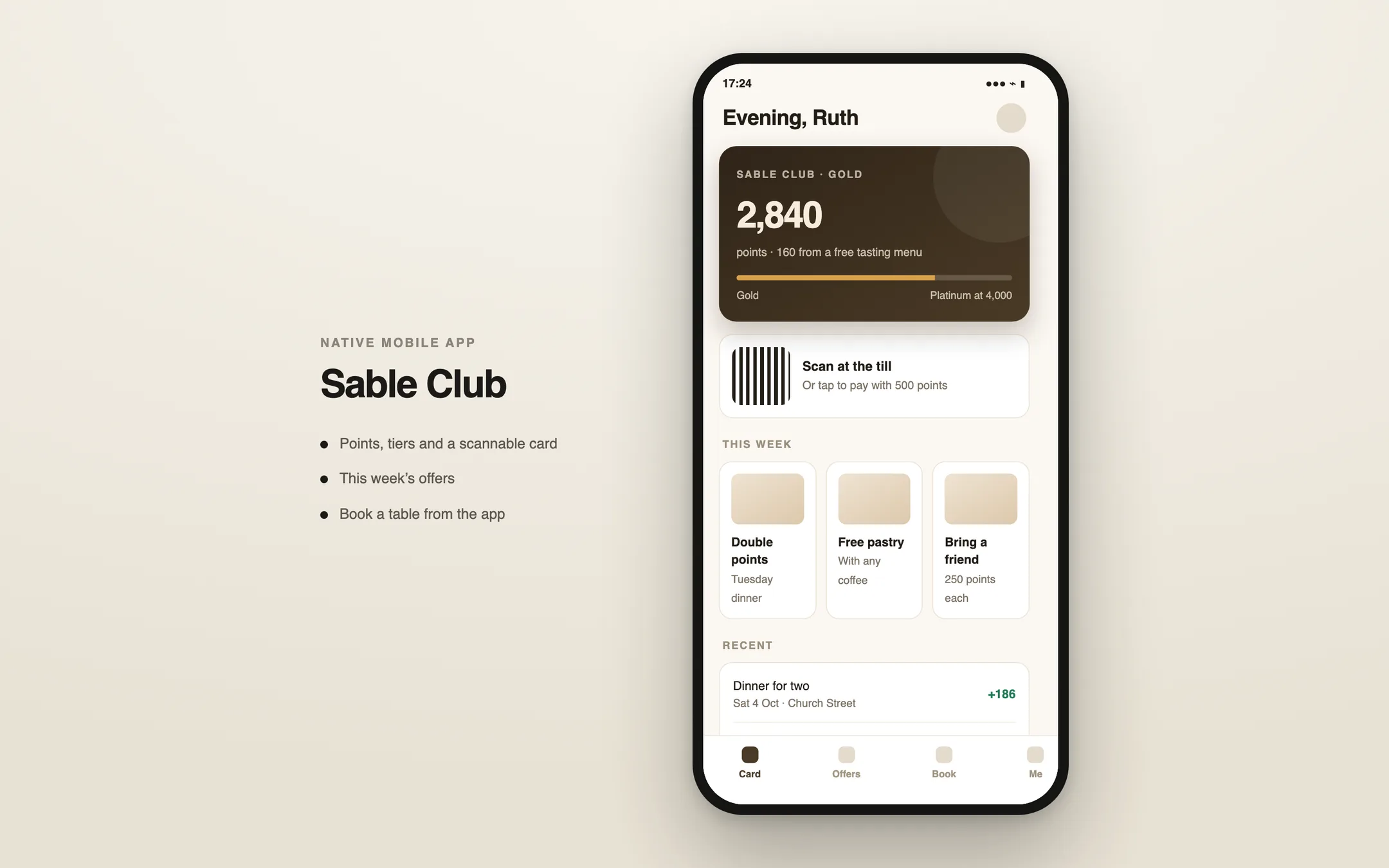 A loyalty app: a points card with progress to the next tier, a scannable code, weekly offers and recent activity