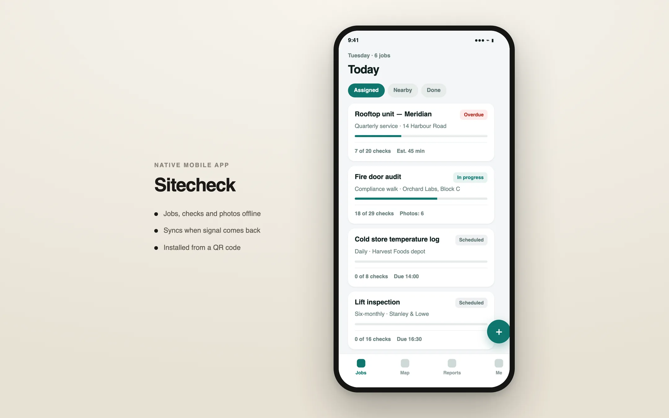 A mobile field-service app: today's jobs with progress bars, check counts and a bottom tab bar