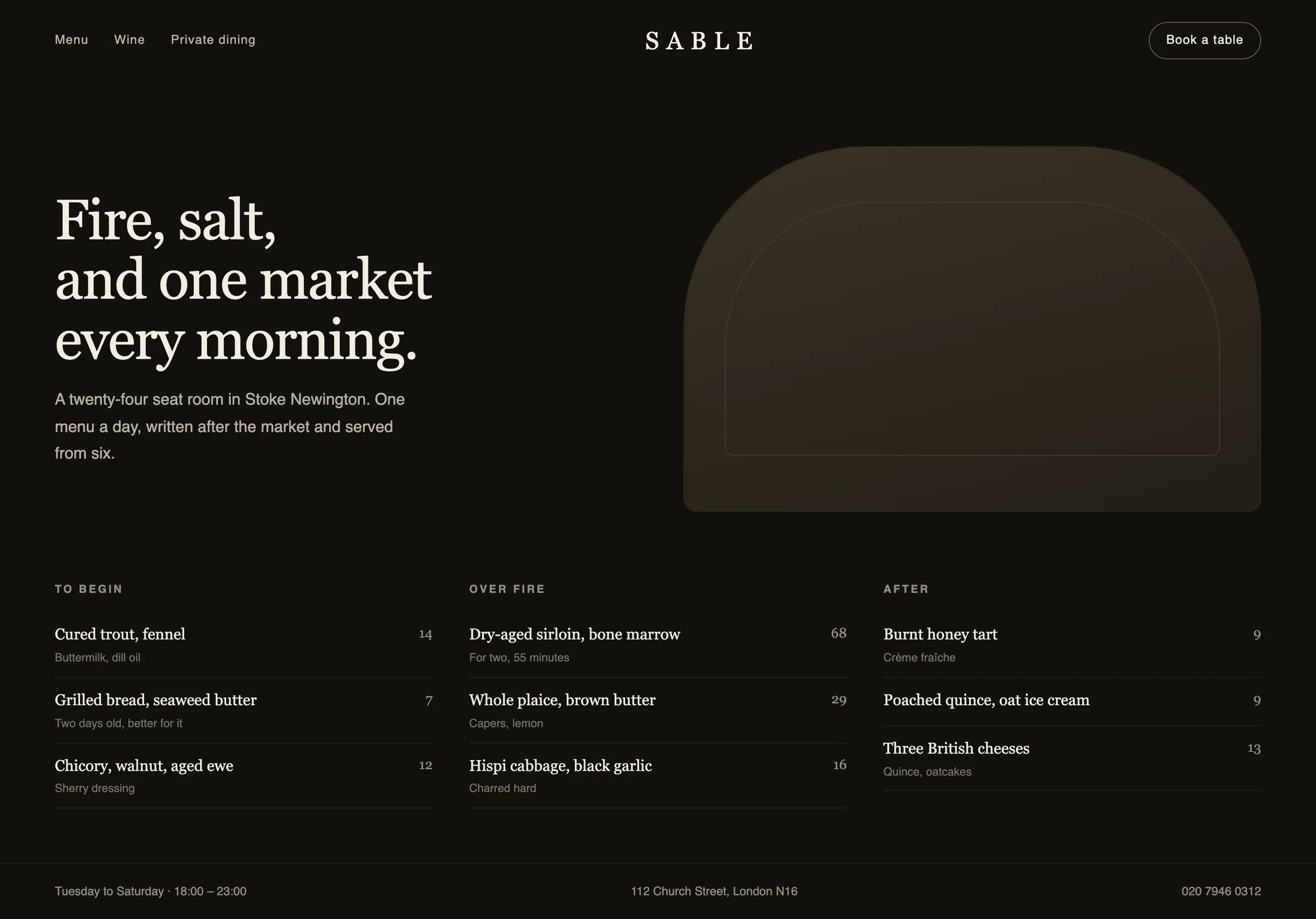 A restaurant website: a dark hero, and a three-column menu of courses with prices and descriptions