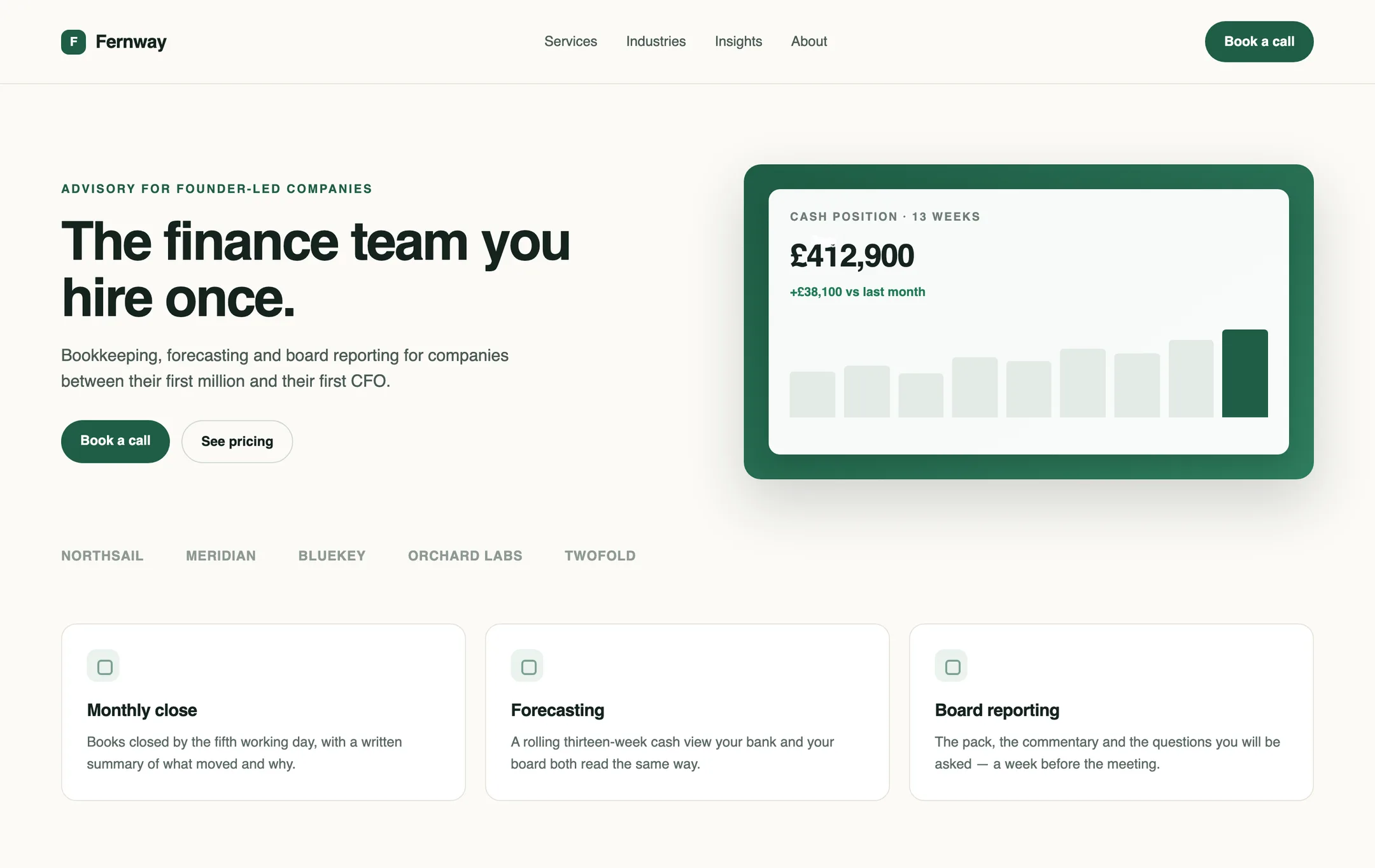 A marketing website for an advisory firm: hero headline, a cash-position panel, a client strip and three service cards